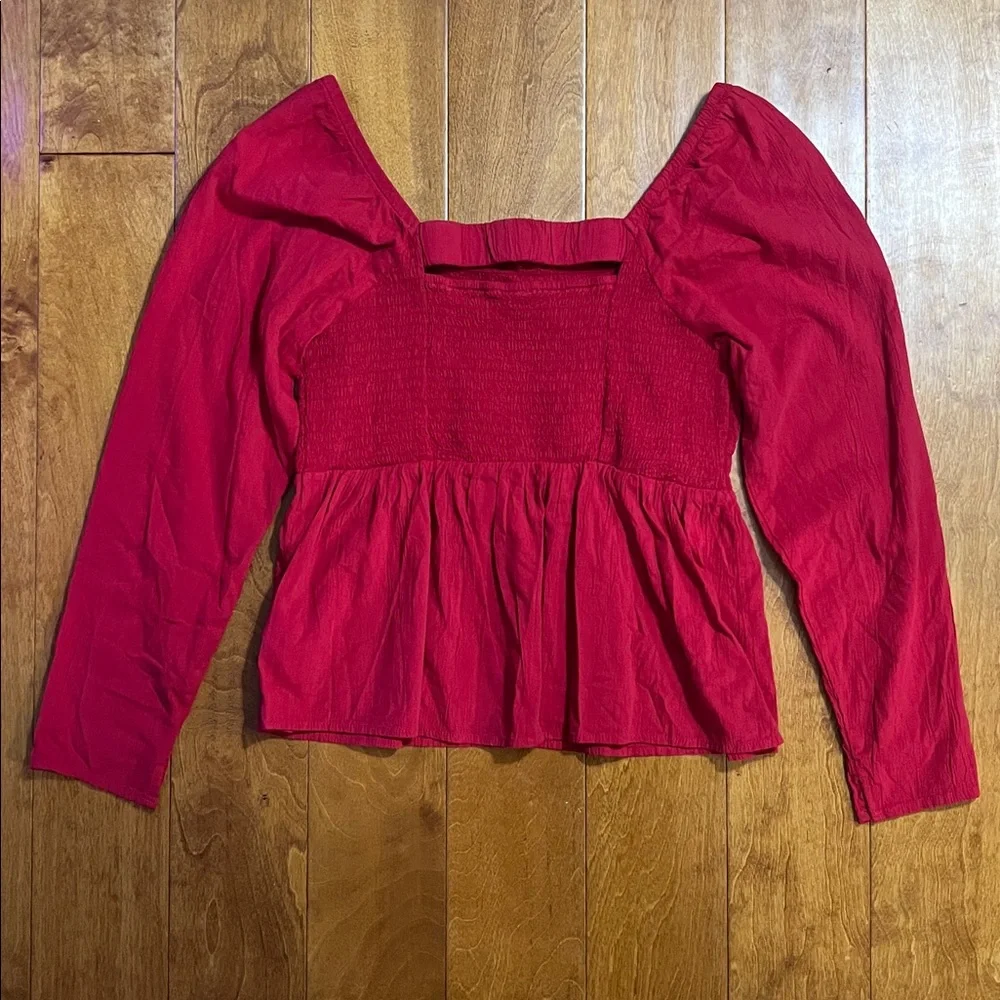 Old Navy Smocked Peplum Top Large Red Boho Festival Cottagecore Long Sleeve
